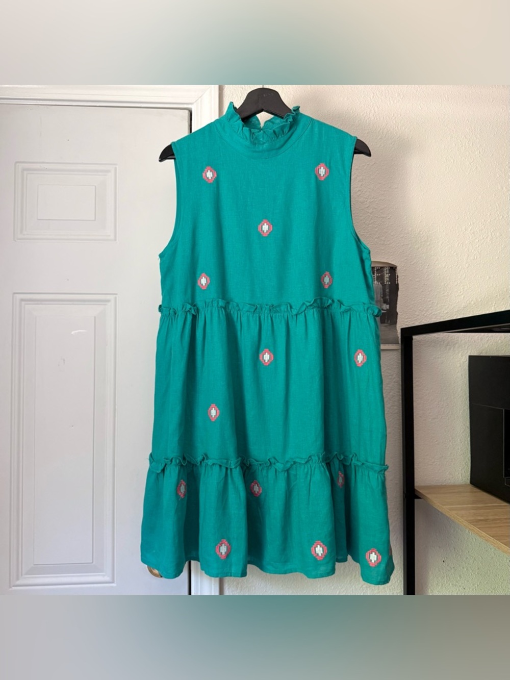 NWOT J. MARIE teal aqua linen blend ruffle‎ collar tiered sleeveless mini dress